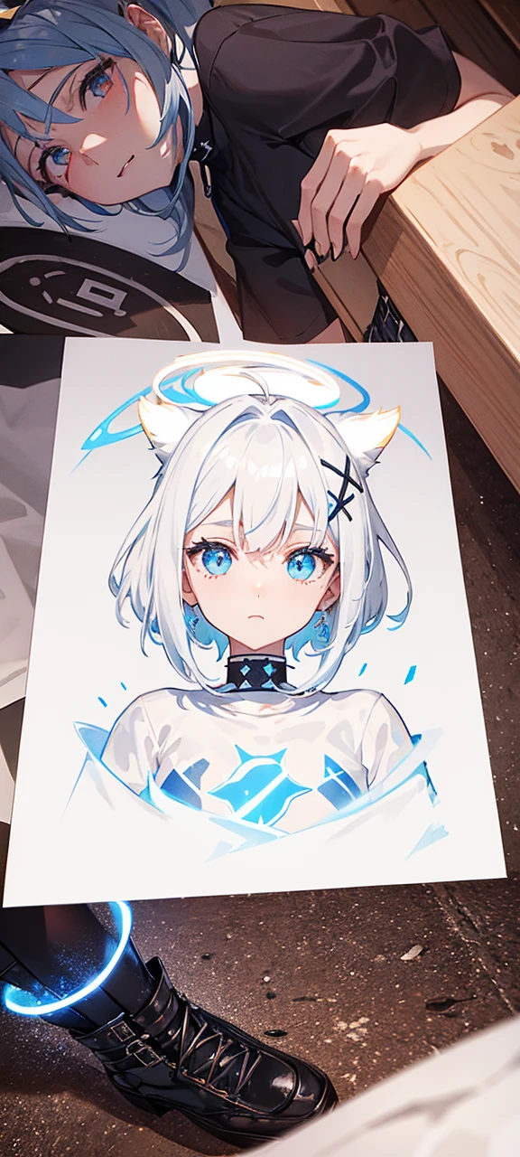 Female. White spiky hair in a low ponytail with blue fading at the end. A white T-shirt with a white X over it and blue fire pattern at the bottom, a black T-shirt below it going up the neck. A belt with an X pattern on it and short jeans with blue fire pattern at the bottom corners. Black boots with a white chain at the tops and a red X at the front. A white horn coming from the right side of the forehead with a small blue flame at the end and a white halo above her head with an X at the front, an X at the back and an X on each end of the halo.