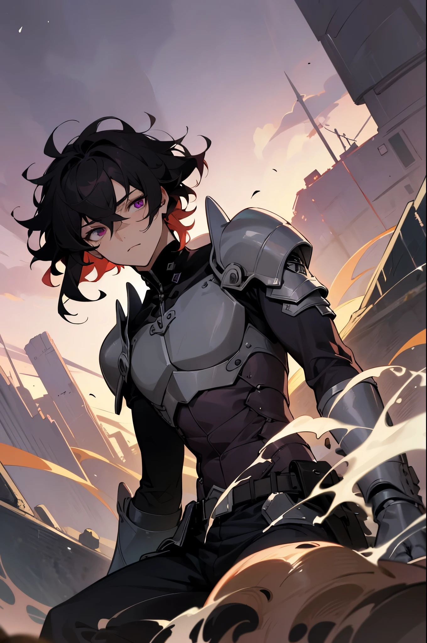 high-quality, breathtaking),(expressive eyes, perfect face) 1male, male , solo, ager, short hair length, wavy curly hair, messy hair, white and black hair color, multicolored hair, deep purple eye color, background, music, mature, haunting twilight background, armor, slightly narrow eyes, reddish highlights under hair, lean build