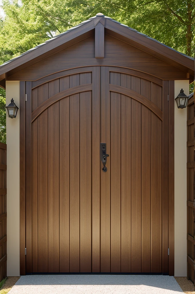 A wooden gate that has a door and a skylight above and is a garage type