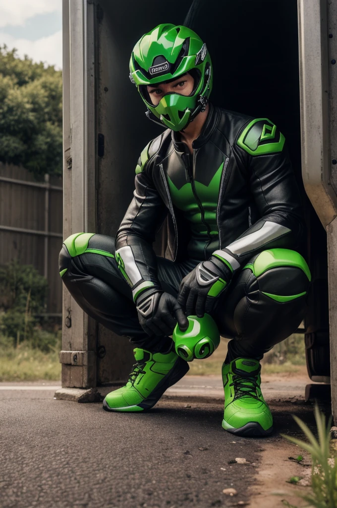arafed man sitting on the side of a road with a helmet on, kawasaki, crouching, inspired by Cam Sykes, inspired by Brian Dunlop, cr3, portrait!!!, sittin, portrait!!!!, green and black, 🚿🗝📝, anato finnstark!!, photography, 🤬 🤮 💕 🎀, photographed, they are crouching
