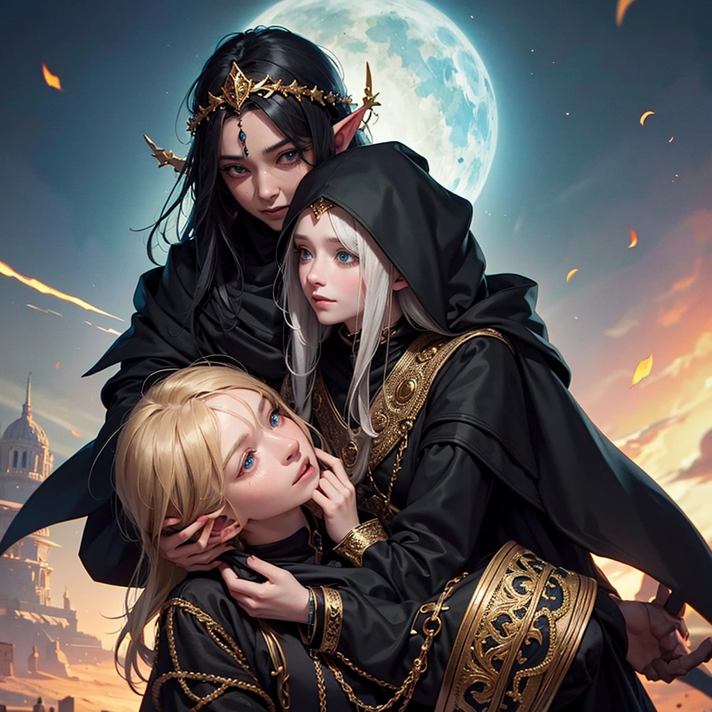 The elf man with a black cloak and golden embroidery is hugging a girl with a black cloak and blue embroidery tightly, and the girl is worried and looking at the face of the elf man.