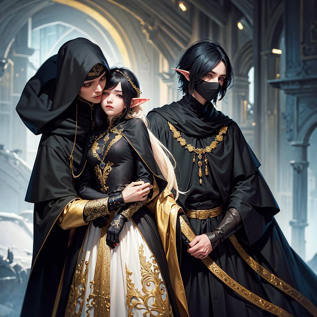 The elf man with a black cloak and golden embroidery is hugging a girl with a black cloak and blue embroidery tightly, and the girl is worried and looking at the face of the elf man.