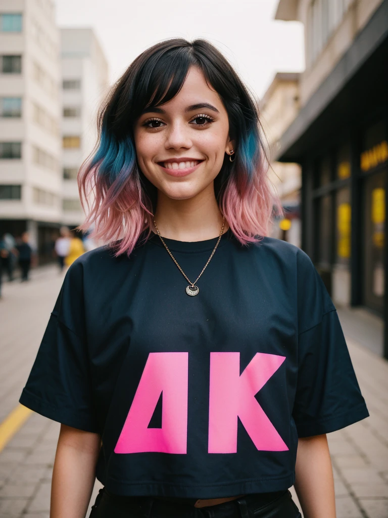 highly detailed portrait of a beautiful model 24 year old woman, short wavy hair pink and blue ombre, smiling, cyberpunk, wearing black and yellow streetwear, cartoon realism, black, grunge aesthetic!!! bokeh