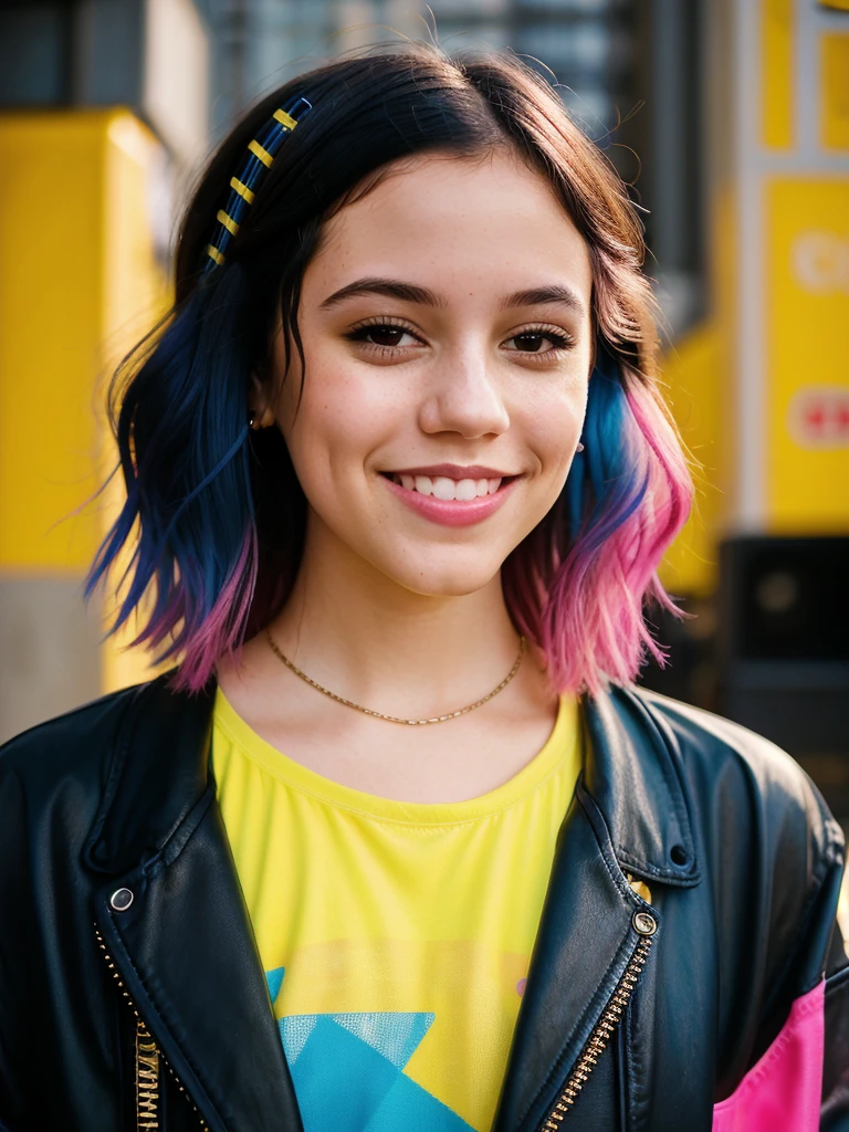 highly detailed portrait of a beautiful model 24 year old woman, short wavy hair pink and blue ombre, smiling, cyberpunk, wearing black and yellow streetwear, cartoon realism, black, grunge aesthetic!!! bokeh