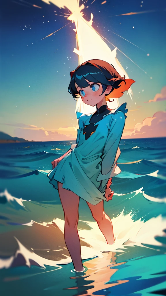 A girl stands in the sea, half a turn, from bottom to top
