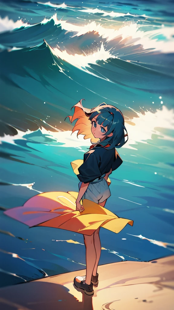 A girl stands in the sea, half a turn, from bottom to top