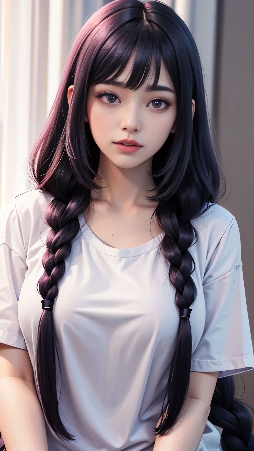 background（Black Night Sky，Big Moon），Woman close up，Wearing a white shirt、Purple Hair，Very long hair，very thick braids，Purple eyes，big ， realistic girl rendering, 8k artistic german bokeh, Enchanting girl, Realistic girl, Gurwitz, Gurwitz-style artwork, Girl Roleplay, Realistic 3D style, cgstation Popular Topics,, 8K Portrait Rendering,（Faithfulness，Faithfulness：1.4），Wear pink pajamas，巨big ，Sparkling eyes，Purple eyes