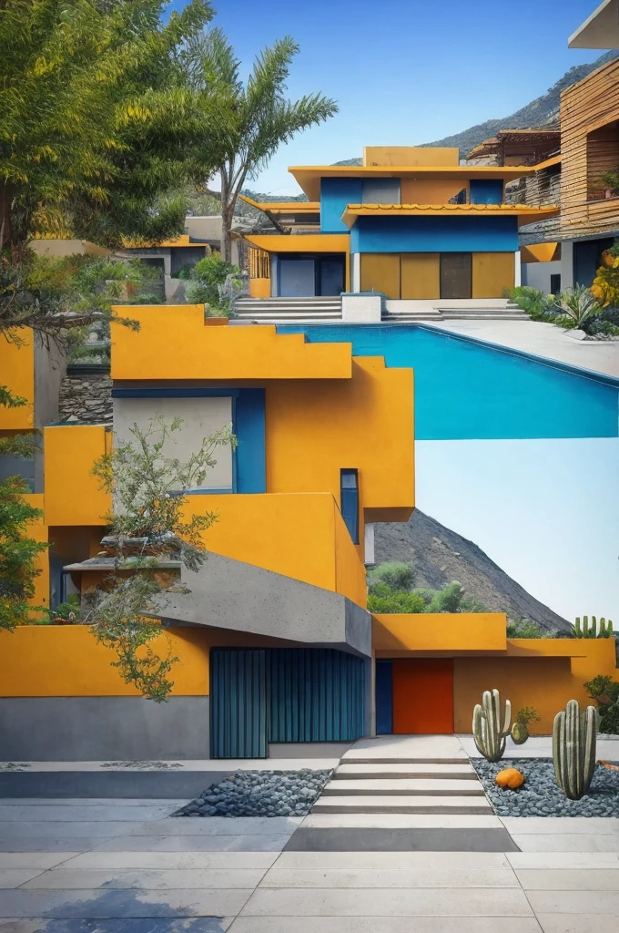An illustration in collage style, with giant boulders, brutalist building sections, terraces, stairs, cacti, agave, concrete texture, multiple geometric shapes, hatch and cross hatching, planet saturn, volcano, moon, Luis Barragán's architectural style build, milky way galaxy, violet, one motorcycle, An illustration in collage style, with giant boulders, brutalist building sections, stairs, cacti, agave, concrete texture, multiple geometric shapes, hatch and cross hatching, planet saturn, volcano, moon, Luis Barragán's architectural style build, reflective pool, terraces. An elegant and modern build, in top of big boulders, with terraces, materials concrete, wood, steel and crystal, various gardens with tropical vegetation, cacti and rocks, stairs, a pool. In middle of sea, a big wave near, sunset, mountains and a volcano in the horizont, cute islands around, illustration format, cute color palette, detailed, masterpiece, award-winning work, clouds, Illustration, a garden with abundant cacti, ((various organic sculptures)), ((big rocks)), (((multiple sections))), collage style, detailed, (((color palette (olive green), (Mustard orange), cool grey, ((blue)), black and white))), (((a lot Luis barragán's architecture style builds))) big clouds, volcano in horizon, stairs, in the desert. ((masterpiece, best quality)),illustration,ultra detailed 8k, ((Ori Toor visual style)),soviet, megabuildings, megastructures, buildings, organic steel sculpture