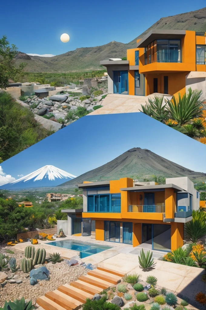 An illustration in collage style, with giant boulders, brutalist building sections, terraces, stairs, cacti, agave, concrete texture, multiple geometric shapes, hatch and cross hatching, planet saturn, volcano, moon, Luis Barragán's architectural style build, milky way galaxy, violet, one motorcycle, An illustration in collage style, with giant boulders, brutalist building sections, stairs, cacti, agave, concrete texture, multiple geometric shapes, hatch and cross hatching, planet saturn, volcano, moon, Luis Barragán's architectural style build, reflective pool, terraces. An elegant and modern build, in top of big boulders, with terraces, materials concrete, wood, steel and crystal, various gardens with tropical vegetation, cacti and rocks, stairs, a pool. In middle of sea, a big wave near, sunset, mountains and a volcano in the horizont, cute islands around, illustration format, cute color palette, detailed, masterpiece, award-winning work, clouds, Illustration, a garden with abundant cacti, ((various organic sculptures)), ((big rocks)), (((multiple sections))), collage style, detailed, (((color palette (olive green), (Mustard orange), cool grey, ((blue)), black and white))), (((a lot Luis barragán's architecture style builds))) big clouds, volcano in horizon, stairs, in the desert. ((masterpiece, best quality)),illustration,ultra detailed 8k, ((Ori Toor visual style)),soviet, megabuildings, megastructures, buildings, organic steel sculpture