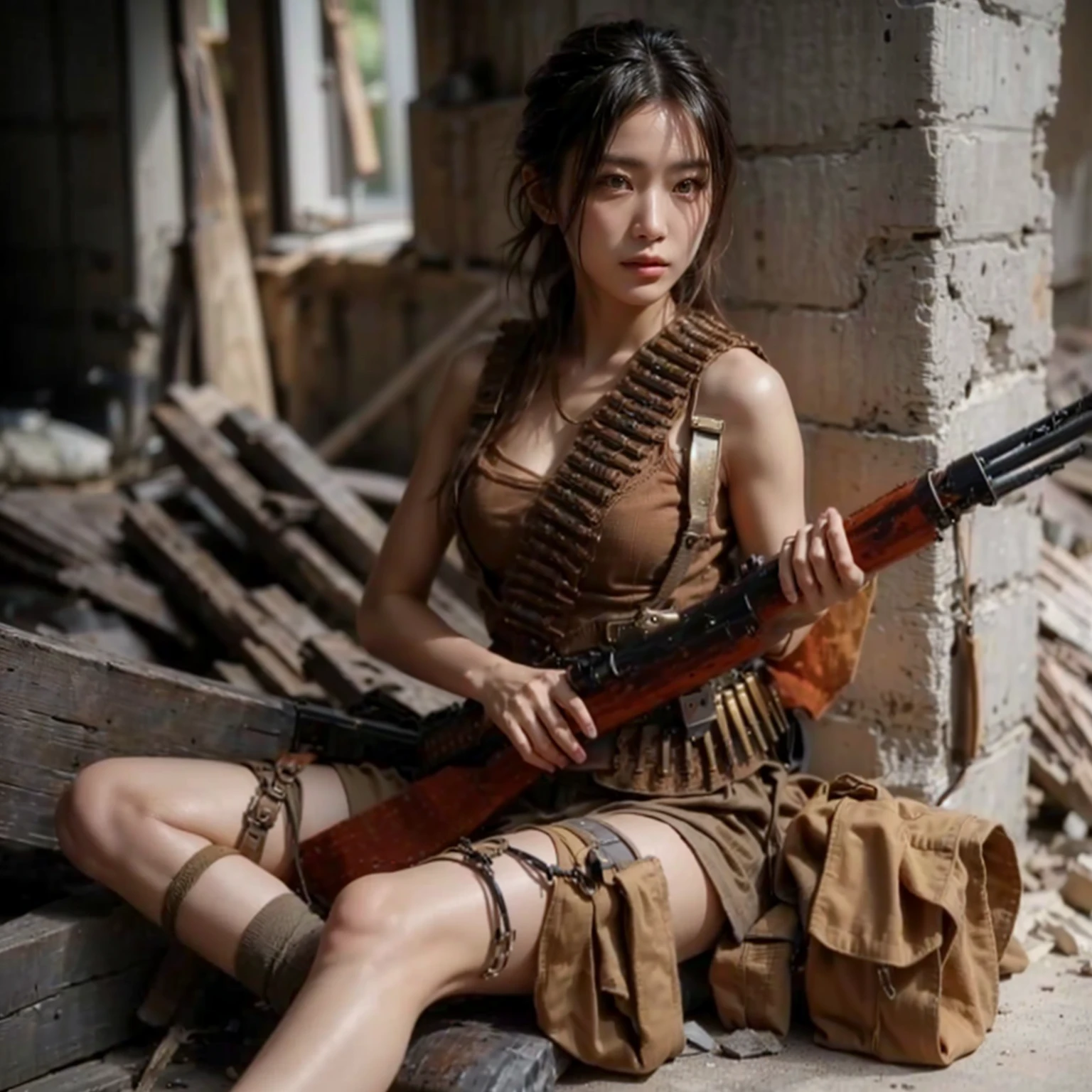 8k,Realistic Photo, Realistic Skin Texture, Superrealism, (Warring States period of Japanese history, approx like mechanical :1.2), burnt field、arquebus,vivid textures,legs, gradation hair, japanese female soldier,(ultra beautiful face),((super realistic all textures)), ((super intricate all details)), full body shot, ultra sharp photo result, metallic color, scratch, Rust, weathering, steampunk, taken with Fuji film X-T30+Nokton. HDR10,Minimum of 4 pieces created