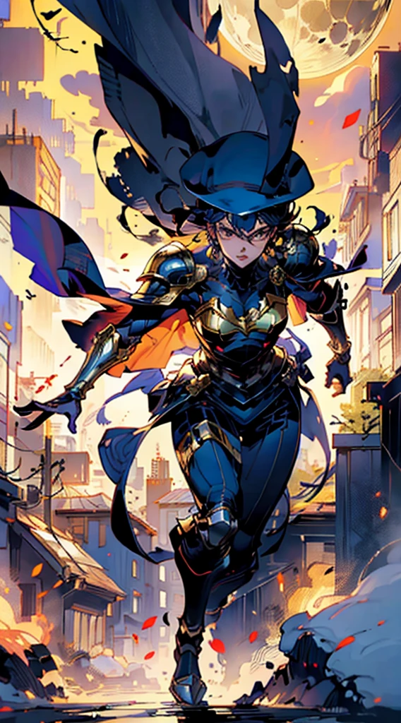 A monster humanoids puppet Master, agender, with a slender and tall body with articles doll, lateral cape segmened and semi transparency, legs with a golden and slender armor, long neck, long hat, moon solder armor, joker Bard, RPG, this character crafted fantasy-style, character in anime style, characterized by an exquisite and mature manga illustration art style, high definition, best quality, highres, ultra-detailed, ultra-fine painting, extremely delicate, professional, anatomically correct, symmetrical face, extremely detailed eyes and face, high quality eyes, creativity, RAW photo, UHD, 8k, Natural light, cinematic lighting, masterpiece:1.5