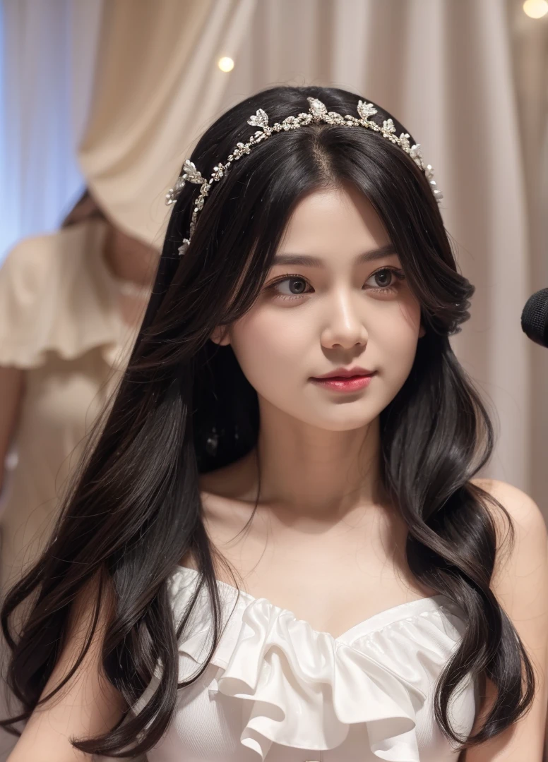 Wearing a Melody decoration on her head,Wearing a white dress,Sing on stage