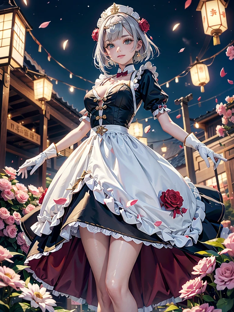 white gloves, grey hair, white gloves, white coat, jewelry, maid dress, maid apron, maid headdress, sexy girl, Genshin Impact, 1girl solo, masterwork, best quality, chinese style, night, lanterns, tradicional chinese style, maid dress, maid headdress, red roses, silver hair, noelle_(genshin impact), maid apron, white apron, yellow eyes, dark pink laces, 1girl, dress, maid dress, solo, flowing hair, floating hair, ornament hair, perfectly body, perfectly hands, two hands, twon arms, two legs, on garden, petals, centered girl, black dress, more details on her clothes, dress with transparency, golden details, daylight, smiling, ((4k, masterpiece, top-quality)),8k, best quality, high resolution, HD, (illustration:0.8), super cute girl, delicate and beautiful face, mature girl, super cute hairstyle, (beautiful detailed eyes:1.6), extremely detailed face, perfect lighting, extremely detailed CG, (perfect hands, perfect anatomy), Best quality, cleavage, small skirt, full Body,