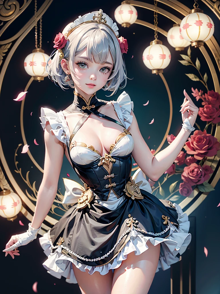 white gloves, grey hair, white gloves, white coat, jewelry, maid dress, maid apron, maid headdress, sexy girl, Genshin Impact, 1girl solo, masterwork, best quality, chinese style, night, lanterns, tradicional chinese style, maid dress, maid headdress, red roses, silver hair, noelle_(genshin impact), maid apron, white apron, yellow eyes, dark pink laces, 1girl, dress, maid dress, solo, flowing hair, floating hair, ornament hair, perfectly body, perfectly hands, two hands, twon arms, two legs, on garden, petals, centered girl, black dress, more details on her clothes, dress with transparency, golden details, daylight, smiling, ((4k, masterpiece, top-quality)),8k, best quality, high resolution, HD, (illustration:0.8), super cute girl, delicate and beautiful face, mature girl, super cute hairstyle, (beautiful detailed eyes:1.6), extremely detailed face, perfect lighting, extremely detailed CG, (perfect hands, perfect anatomy), Best quality, cleavage, small skirt, full Body,