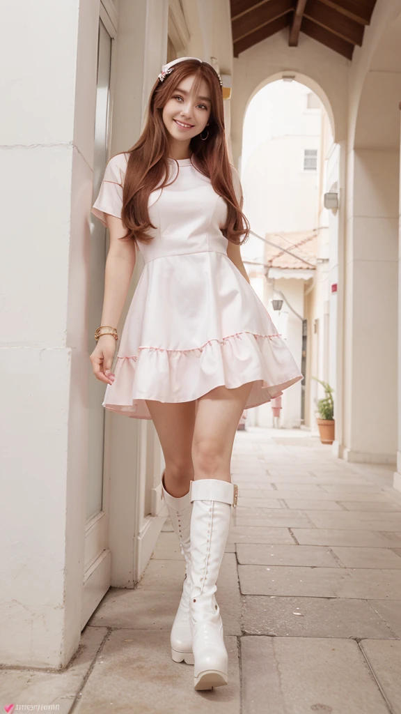 Long brown hair, smiling slightly, beautiful visuals, short almond coral and white nails, cute, kpop member, beautiful, red kpop idol outfit with white heeled boots, pink head accessories, fluffy dress, kpop idol makeup