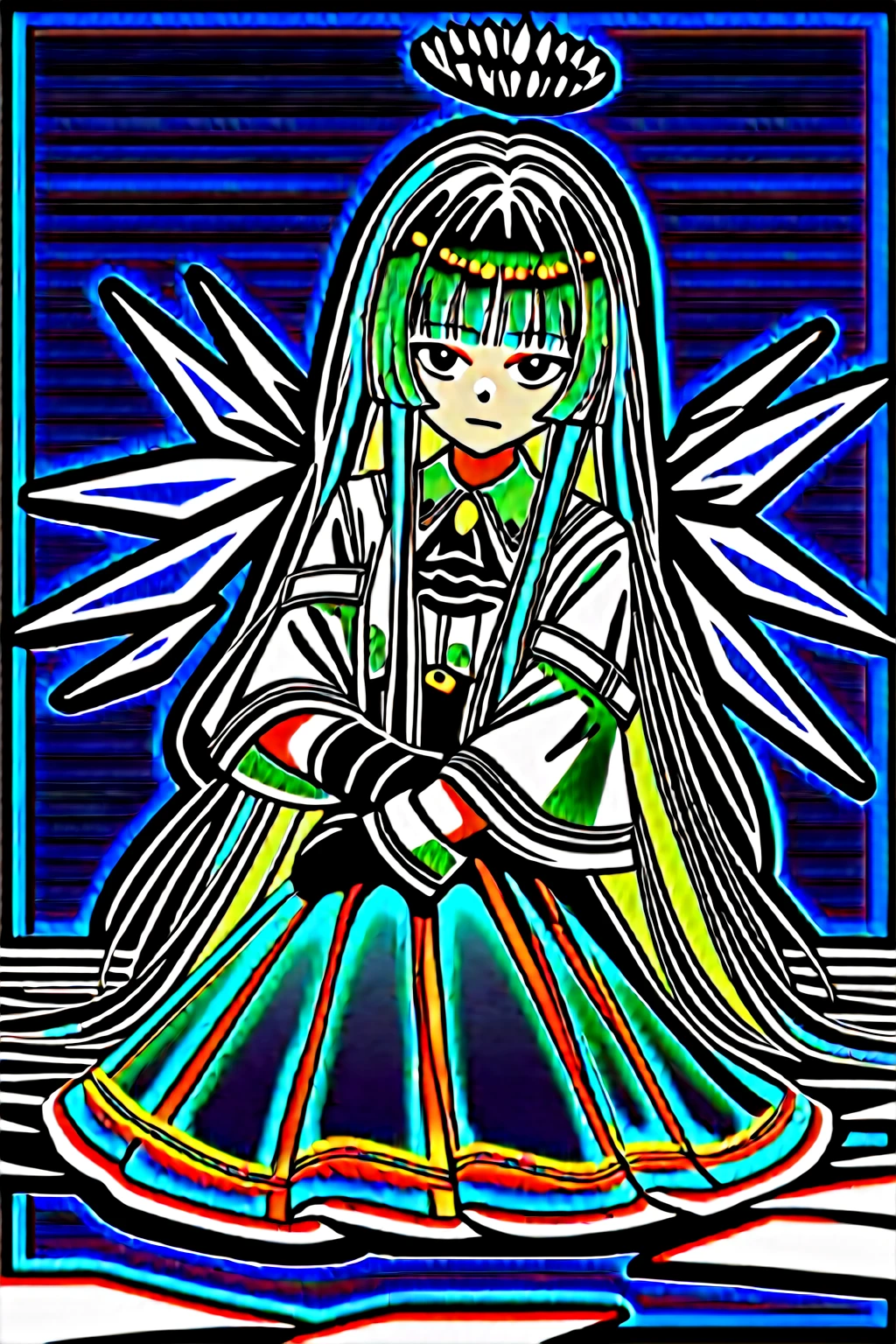 (score_9, score_8_up, score_7_up), 1girl, VirtuosaBase, black eyes, long hair, hime cut, broken halo, black ascot, white shirt, capelet, black sleeves, black gloves, belt, black skirt, short skirt, energy wings, looking at viewer, small breasts, calm, closed mouth, sitting, hugging own legs, ground level, medieval city hallway, medieval market around, leaning against wall