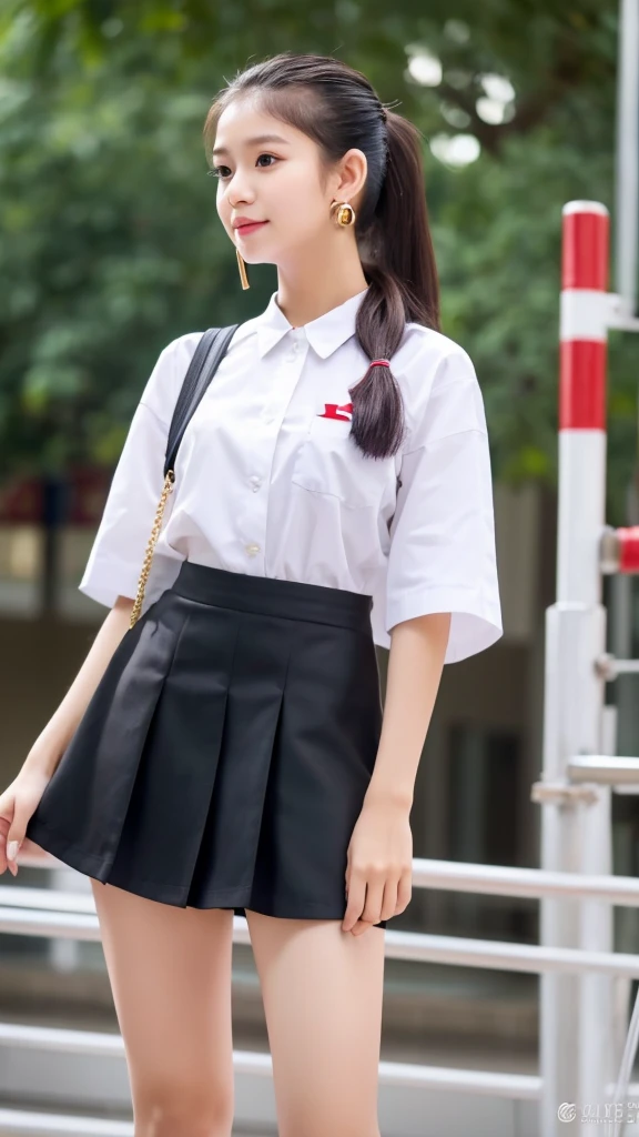 (masterpiece, highest quality:1.2), 8k, 12才のfull nudeの女の子, 85mm,Official AR RAW photo, スーパースリムなスレンダーbeautiful girl, (When I lift up my short navy blue skirt、下Half bodyfull nude、short sleeveの白シャツ、show me your ears、naked girl photoshoot、full nude, cute face, close, Half body, Biolace, gardenia, beautiful girl, school uniform, thighs, short sleeve, stand on the station platform, looking at the viewer, no makeup, (big smile), film grain, chromatic aberration, sharp focus, face light, clear lighting, Ten generations, detailed face, background bokeh, (dark red tie:1.1)、(((((( girl))))))、((((((12才のfull nude女子高生)))))、thin waist