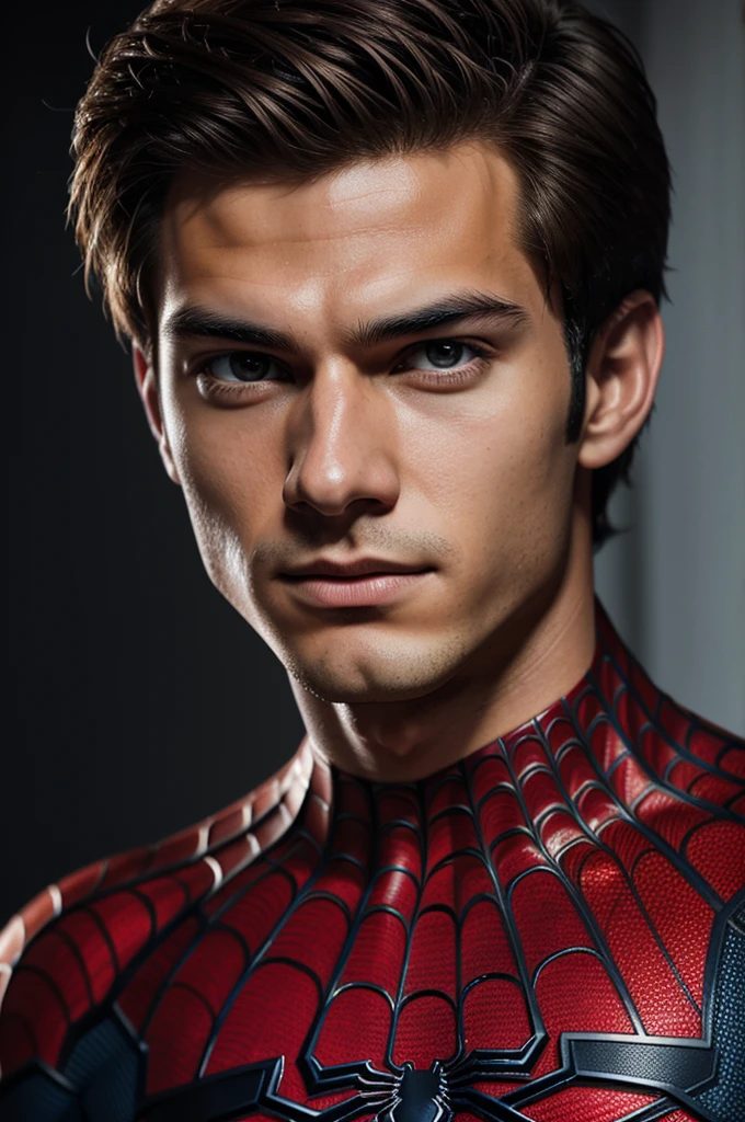 A photograph of spider man, no mask, 20 yo, handsome, detailed face, looking at camera, portrait, 8k uhd, high quality
