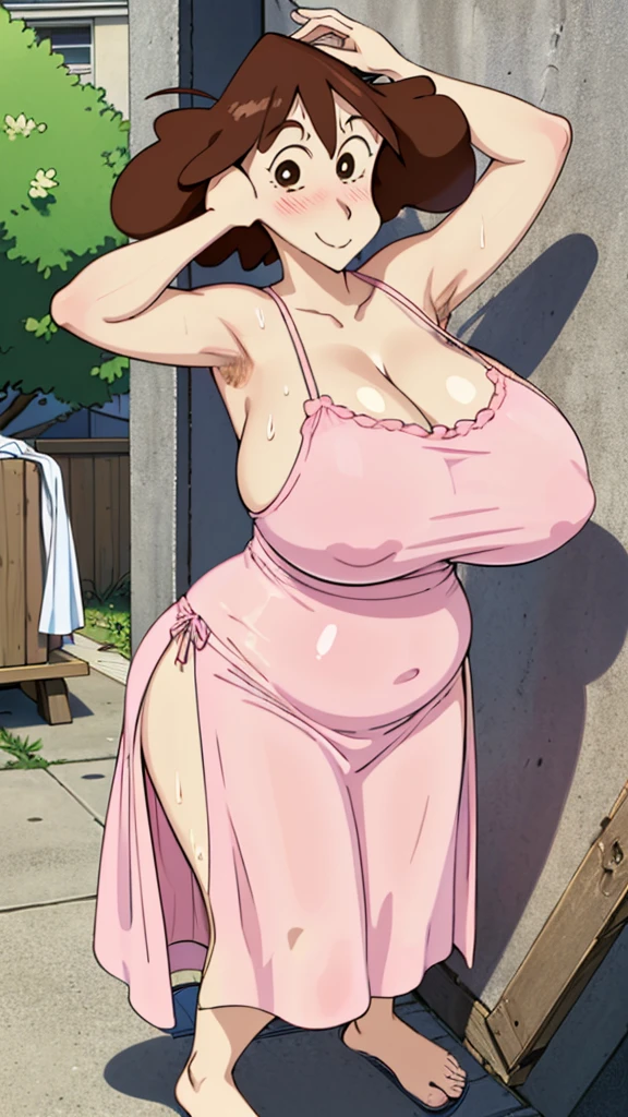 Misae Nohara, (Auntie:1.5), (Mature Woman:1.5), (absurderes, 8K, 4K, masutepiece, hyper extreme detailed:1.2), Best Quality, Perfect Anatomy,Perfect face,High humidity, (Huge breasts:1.7), (A sheer pink nightgown:1.4), (Wet:1.2), (.Alley:1.3), Graffitied wall, Garbage can, Scattered trash, (alone:1.5), (Brown eyes:1.2), (Clothing is revealing:1.2), Exposed shoulders, Torn clothes, Are pregnant, Firm breasts, Upturned nipples, Showing cleavage, Mole on chest, (Thick armpit hair:1.4), (blush:1.2), A kind smile, relief, peace of mind, (maternal:1.3), (Gentle look:1.5), Smiling face, (Outdoor:1.5), (Out:1.3)