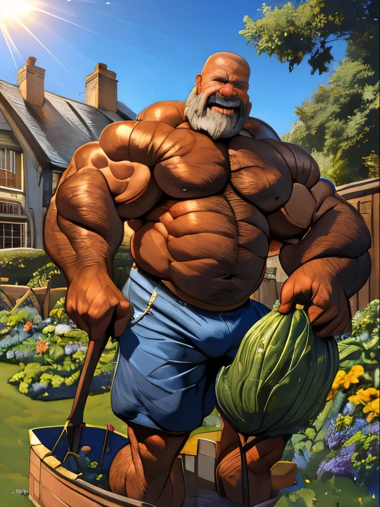 8K, Wide expansive Victorian era County Manor in background, huge muscular Gardener, old man, kahki shorts with large bulge, , no shirt, hairy chest, grey hair, bald head, beard, pushing wheelbarrow in vegetable garden, smiling friendly face, sweating under the sun,
