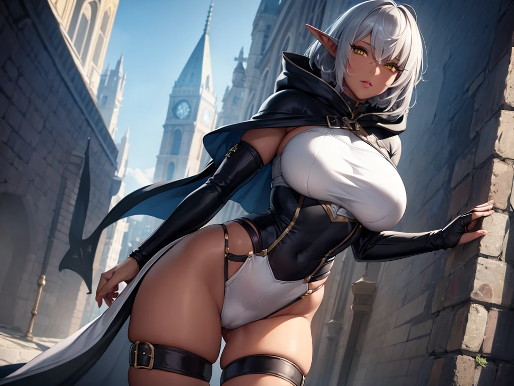1 Woman, solo, elf, matured, seductive, extremely dark skin, silver hair, short hair, pointy ears, yellow eyes, lips, thicc, large breasts, large buttocks, medieval streets, grey coloured assassin clothing, assassin hood, assassin's cape, absurdres, high res, ultrasharp, 8K, masterpiece, looking at viewer