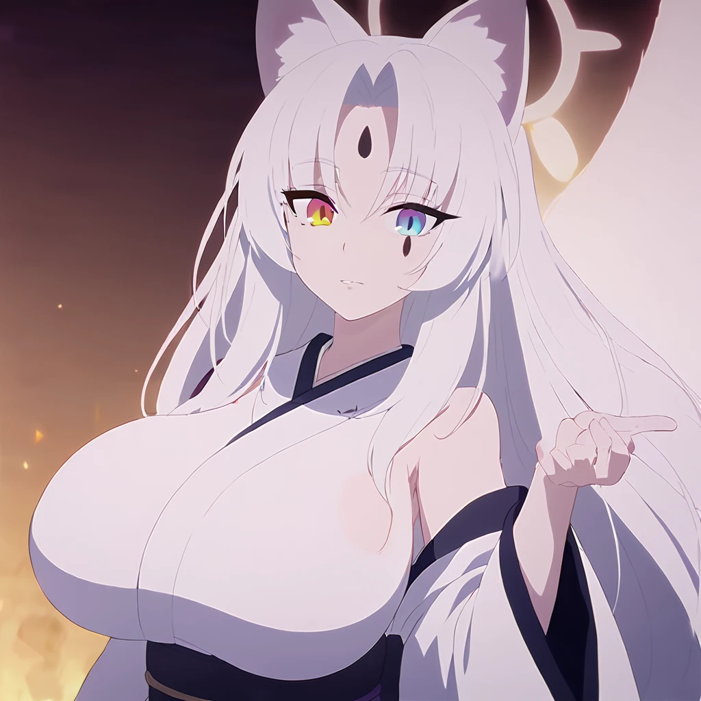 beautiful white neko, long white neko ears, white neko tail, anime style, purple eye, blue eye, big breasts, extremely detailed eyes and face, Wearing white and black open shoulder kimono, white long hair, heterochromia, wide waist, mature woman, black small beauty mark under right eye