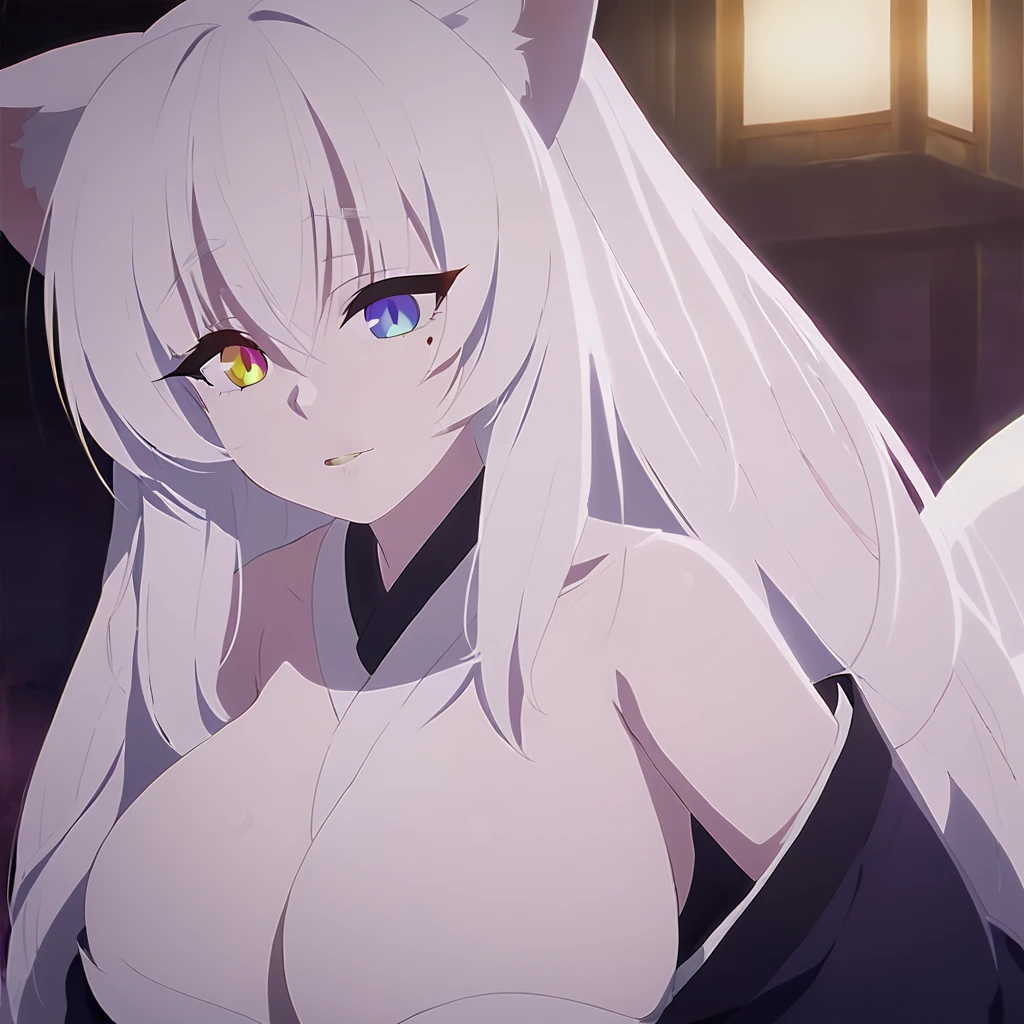 beautiful white neko, long white neko ears, white neko tail, anime style, purple eye, blue eye, big breasts, extremely detailed eyes and face, Wearing white and black open shoulder kimono, white long hair, heterochromia, wide waist, mature woman, black small beauty mark under right eye