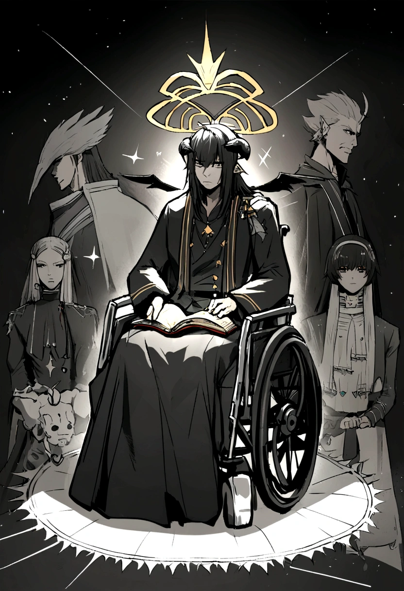 Obra de arte:1.2, melhor qualidade, ultra detalhado, macho, focado, celestial demon wizard, Jovem, serious, frio, horns on her head and a shining golden halo behind her symbolizing her celestial and demonic duality, two large black wings that combine bright plumes with a dark and threatening appearance, cabelo , estilo de kentaro miura, fantasia, SCI-FI, fundo claro, a painting of a man in a black robe sitting in a wheelchair, holding an open ancient magical book, Vista-o com vestes escuras e majestosas com detalhes dourados, cabelo negroelos escuros, anjo demoniaco, plumas negras, inspired por Edmundo Blampied, inspired por Nicola Samori, inspirado em Pietro Longhi, por Nicola Samori, por Edmundo Blampied, Direction: Stephen Gammell, Estilo Stephen Gammell, figura sinistra ao fundo, Direction: Leonaert Bramer, Direction: Johann Kaspar Füssli .