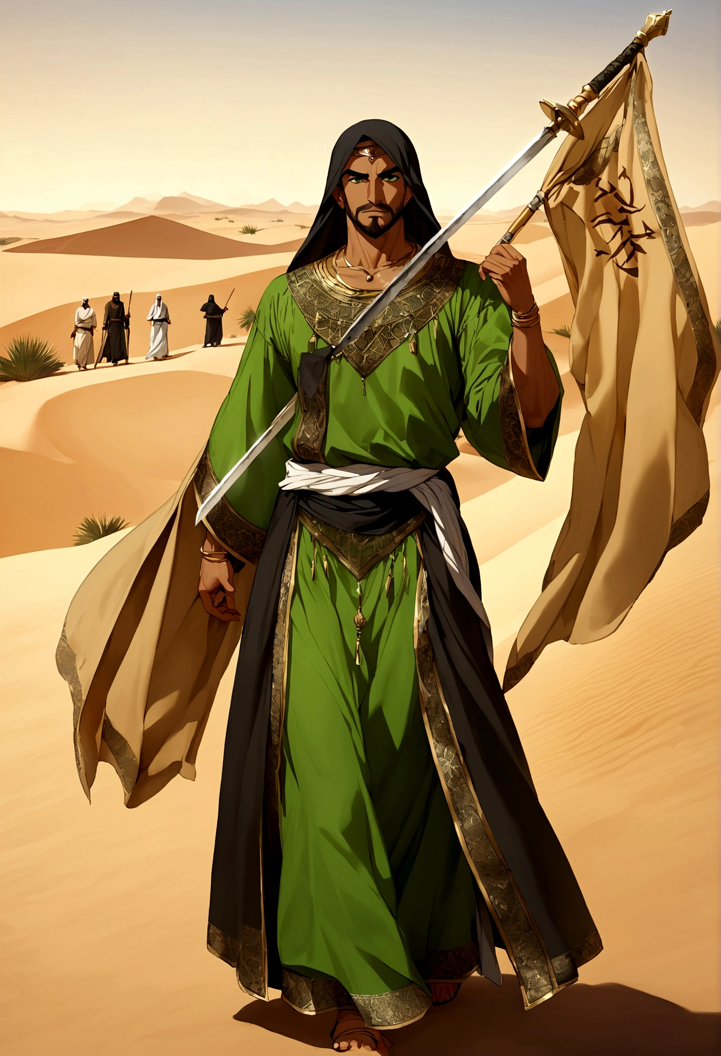 A dark-skinned fighter with strong green eyes, a slight beard, and hair on the side. He is of average length. He has a white face with a medium-sized, slightly wide nose. He carries a flag with Al-Khal written on it, a magnificent sword at his waist, and an Arab dress in the desert.