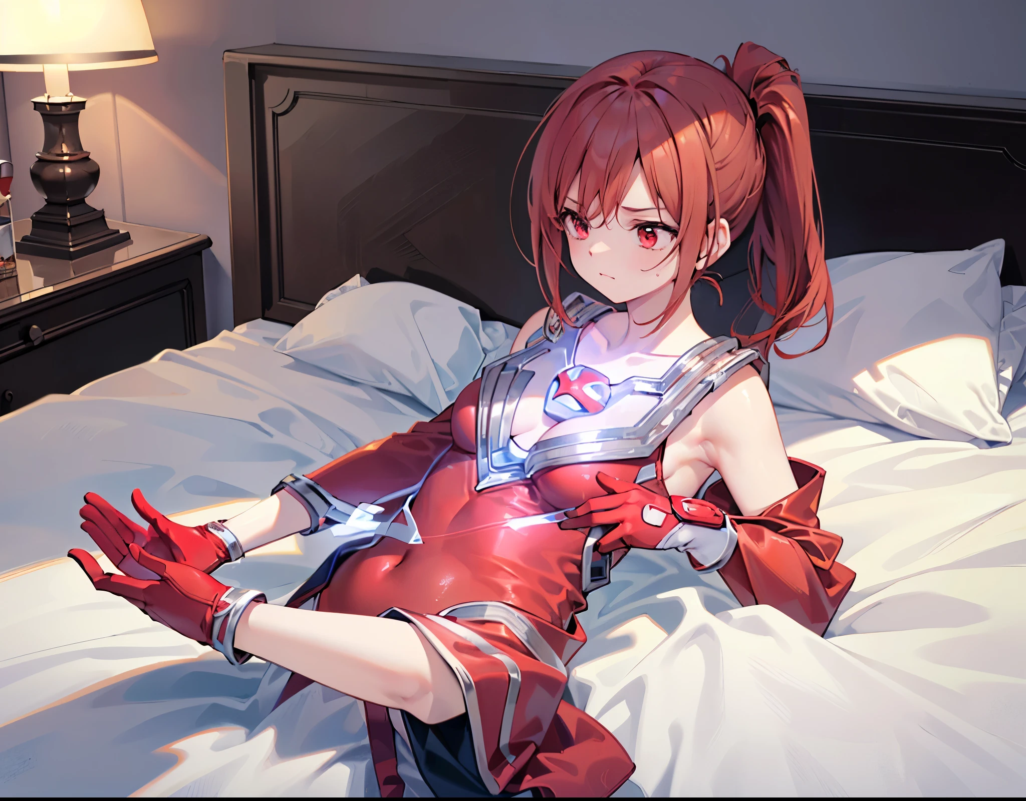 (Close-up:1.3),Realistic,Highest quality, Ultra Detail, High-quality CG rendering, The most delicate and beautiful, Floating softly, High resolution, (1 giant girl), (Highest quality,4K,8K,masterpiece:1.2),(All red hair:1.5), (ponytail:1.5),(Red eyes:1.5), (Ultra Girl:1.0), (All red Ultraman bodysuit:1.4),(Do not expose your skin:1.5),(Slightly larger breasts:1.5),(Red gloves:1.3),(Red Shoes:1.3),(Upper Body:1.3),Troubled face,Small room,(Collapsed in bed:1.3),Defeated,Sleep,Are sleeping