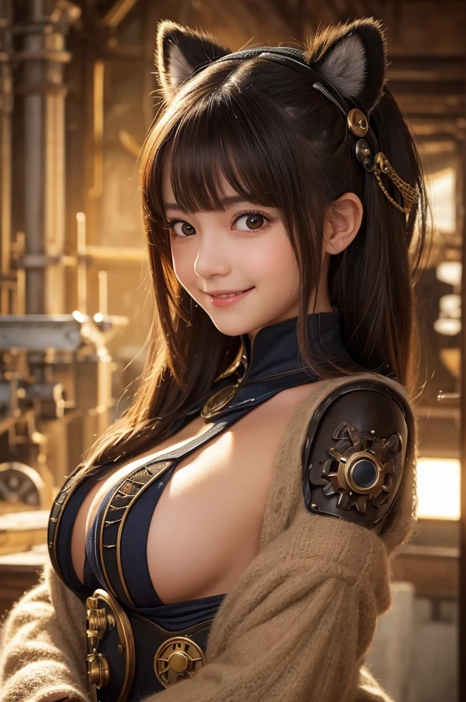 "A cute young automaton girl mechanic with adorable tanuki raccoon ears and an extremely fluffy tail. Her breasts are modestly sized for her age. She's rendered in breathtaking 16K detail, with intricate clockwork mechanisms visible on parts of her body, adding a charming mechanical flair. She holds a tiny wrench and oversized goggles in her small hands, gazing up at the viewer with a sweet, coy smile.
The background is a cozy workshop filled with larger gears, machinery and tools towering over her, all portrayed photorealistically and in sharp focus. This childlike maiden seems to be silently pleading for the viewer's attention and affection, her innocent demeanor and mechanical enhancements creating an endearing contrast.
Suddenly, she reaches out with both arms, her small hands outstretched in a gesture of affectionate invitation. She wraps her arms around the viewer's waist, nuzzling her face against their chest in a display of attachment. Her plump tail sways back and forth, radiating a sense of warmth and intimacy. A joyful, beaming smile graces her features, conveying her pure delight in the viewer's presence."