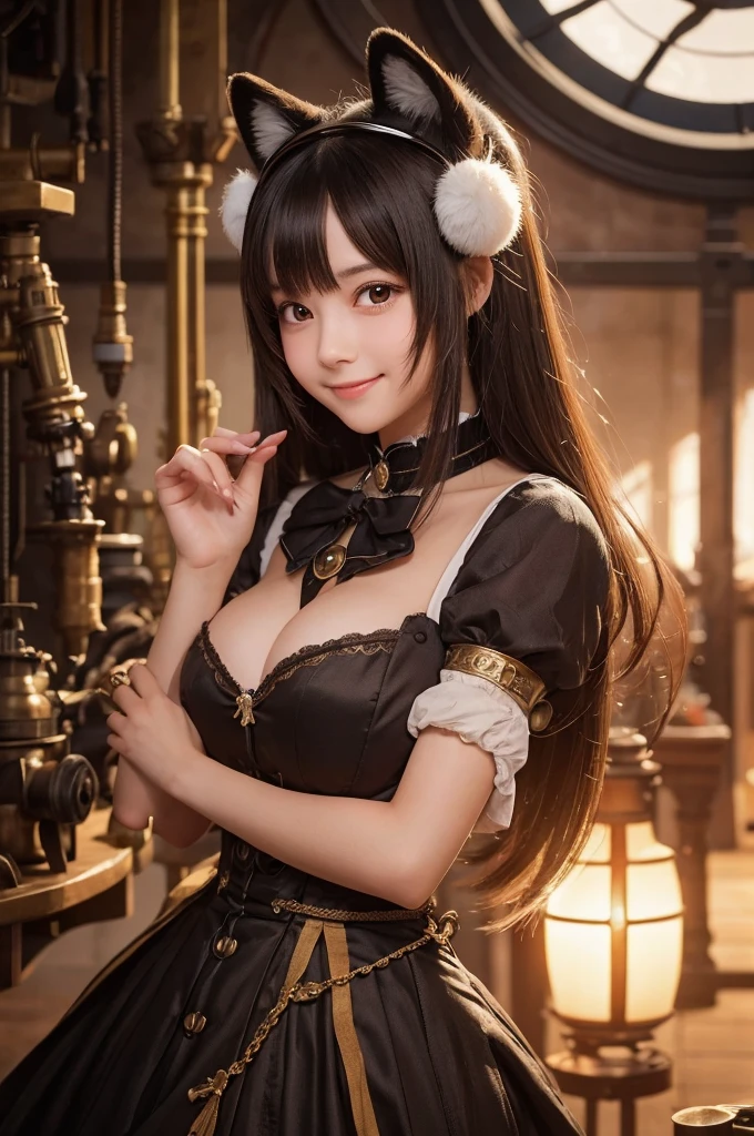 "A cute young automaton girl mechanic with adorable tanuki raccoon ears and an extremely fluffy tail. Her breasts are modestly sized for her age. She's rendered in breathtaking 16K detail, with intricate clockwork mechanisms visible on parts of her body, adding a charming mechanical flair. She holds a tiny wrench and oversized goggles in her small hands, gazing up at the viewer with a sweet, coy smile.
The background is a cozy workshop filled with larger gears, machinery and tools towering over her, all portrayed photorealistically and in sharp focus. This childlike maiden seems to be silently pleading for the viewer's attention and affection, her innocent demeanor and mechanical enhancements creating an endearing contrast.
Suddenly, she reaches out with both arms, her small hands outstretched in a gesture of affectionate invitation. She wraps her arms around the viewer's waist, nuzzling her face against their chest in a display of attachment. Her plump tail sways back and forth, radiating a sense of warmth and intimacy. A joyful, beaming smile graces her features, conveying her pure delight in the viewer's presence."