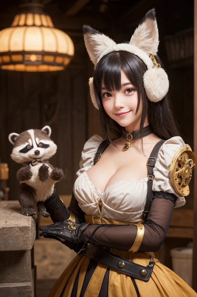 "A cute young automaton girl mechanic with adorable tanuki raccoon ears and an extremely fluffy tail. Her breasts are modestly sized for her age. She's rendered in breathtaking 16K detail, with intricate clockwork mechanisms visible on parts of her  body, adding a charming mechanical flair. She holds a tiny wrench and oversized goggles in her small hands, gazing up at the viewer with a sweet, coy smile.

The background is a cozy workshop filled with larger gears, machinery and tools towering over her, all portrayed photorealistically and in sharp focus. This childlike maiden seems to be silently pleading for the viewer's attention and affection, her innocent demeanor and mechanical enhancements creating an endearing contrast.

Suddenly, she reaches out with both arms, her small hands outstretched in a gesture of affectionate invitation. She wraps her arms around the viewer's waist, nuzzling her face against their chest in a display of attachment. Her plump tail sways back and forth, radiating a sense of warmth and intimacy. A joyful, beaming smile graces her features, conveying her pure delight in the viewer's presence."