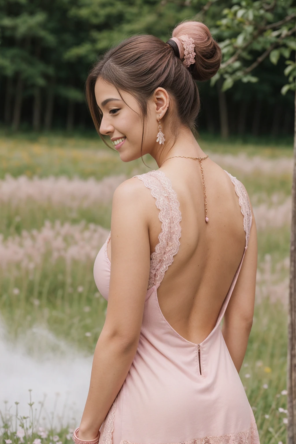 Half-length glamour portrait, nikon D850, f1.6 lens, 200mm, DSLR, 22 Megapixels, (((Verdant meadow scene))), shot of a stunning 20 years old portuguese girl, (smile:1.4), (wearing Powder pink open-back cocktail dress with lace detail:1.6), ((seductive pose)), hot girl, (((big natural breasts))), (((brown ponytail hair))), (small girl), symmetrical face, photorealistic, photography, (bright natural lighting), gorgeous, deep cleavage, (masterpiece), best quality, high resolution, extremely detailed, cinematic lighting, (((very narrow waist))), rich colors, hyper realistic, lifelike texture, ((jewelry)), (((She has beautiful hands and wears rings))), (bracelet), (necklace), (ankle chain), (nail polish) (earrings), Fuji Superia 200, 8k
