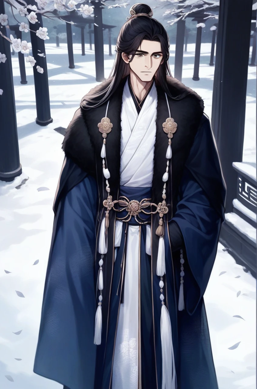 Chinese ancient background, handsome man wearing Chinese handfu, back and red, black mink collar coat far wearing, muscular build, mesmerising eyes, long hair, hair (Best quality,A high resolution Garden scene,under moonlight,,ancient wind,waterfall man,Romantic atmosphere,,gentle soft lighting, hair adornments