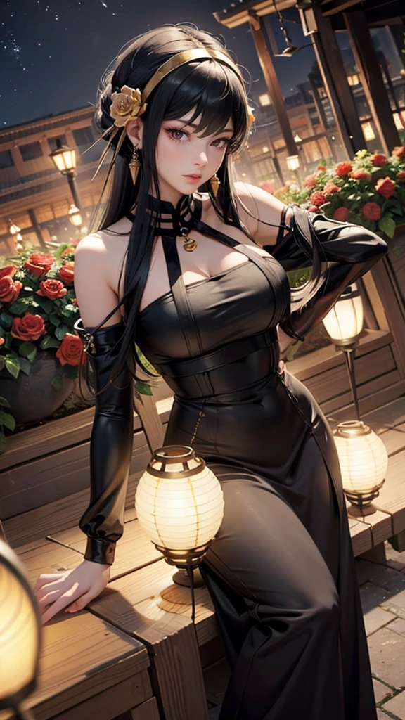 roses, ornament hair, black hair, long hair, sky, rainbow colors in the aurora boreal, night, chinese style, hair ornament, hair flower, golden roses, long hair, solo, roses on focus, seat, lanterns, lanterns rite, shrine, temple, sanctuary