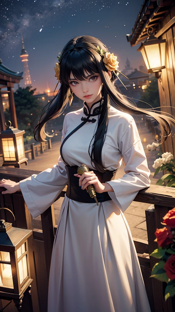 roses, ornament hair, black hair, long hair, sky, rainbow colors in the aurora boreal, night, chinese style, hair ornament, hair flower, golden roses, long hair, solo, roses on focus, seat, lanterns, lanterns rite, shrine, temple, sanctuary