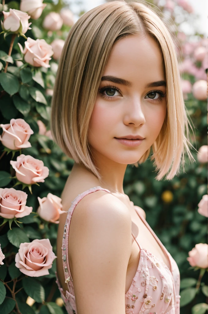 8k, RAW photo, Fujifilm, style photo of a beautiful young woman as avril in a garden of light pink roses (highly detailed skin: 1.2) Style-Petal BREAK short hair, blonde hair with colored locks, wearing a dress, film granulation, 35mm, cute style