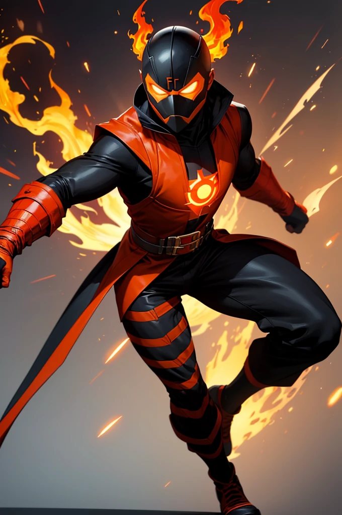 make a full body superhero costume for a fire bending superhero with black base, red and orange fire accents and a mask that covers his mouth