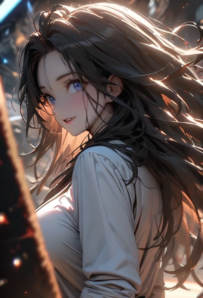 (solo), older looking woman, black hair, messy hair, mane hair, long hair, dense hair, wild hair, expressive hair, mature,(25 year old), pale skin, blue eyes, ((woman)), beautiful girl, cheeky, wearing a white suit, with rolled up sleeves, open shirt, huge breast, medium ass, black pants, sword, beautiful, giant smile, crazy, attractive, eye reflection, depth of field, thunder aura,cinematic lighting, ray tracing, depth of field, cinematic lighting, ray tracing, UHD, high details, best quality, highres, high quality, award winning, super detail, masterpiece, 8k, UHD, high details, best quality, highres, high quality, award winning, super detail, masterpiece, 8k, digital art, anime coloring, body shot, good face, perfect face, detailed face, good eyes. in Space, stars and planets