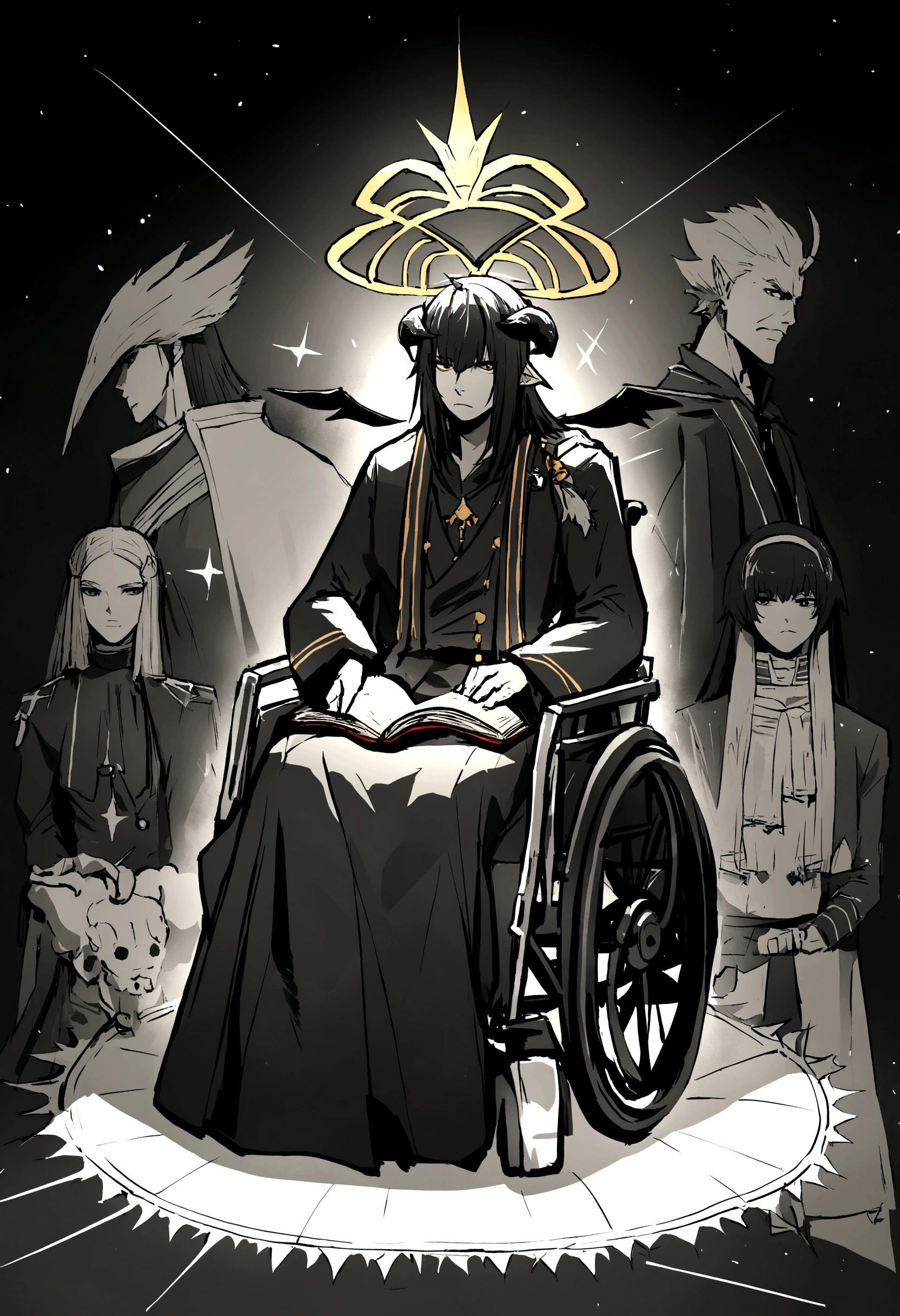 Obra de arte:1.2, melhor qualidade, ultra detalhado, macho, focado, celestial demon wizard, Jovem, serious, frio, horns on her head and a shining golden halo behind her symbolizing her celestial and demonic duality, two large black wings that combine bright plumes with a dark and threatening appearance, cabelo negro, estilo de kentaro miura, fantasia, SCI-FI, fundo claro, a painting of a man in a black robe sitting in a wheelchair, holding an open ancient magical book, Vista-o com vestes escuras e majestosas com detalhes dourados, cabelo negro, cabelos escuros, anjo demoniaco, plumas negras, inspired por Edmundo Blampied, inspired por Nicola Samori, inspirado em Pietro Longhi, por Nicola Samori, por Edmundo Blampied, Direction: Stephen Gammell, Estilo Stephen Gammell, figura sinistra ao fundo, Direction: Leonaert Bramer, Direction: Johann Kaspar Füssli .
