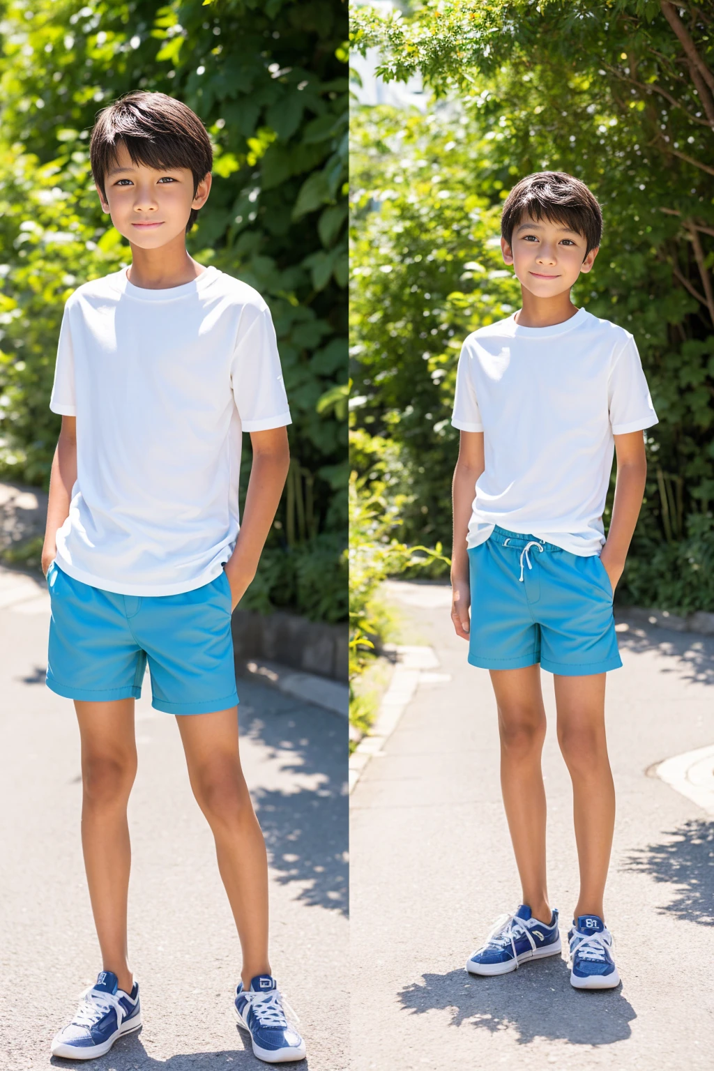 A tanned -yeld Jaese boy modeling for a full-body photo shoot in shorts during summer vacation