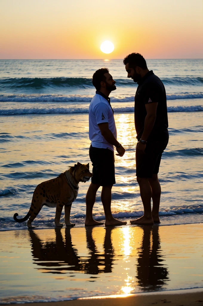 Un leon melenudo  y un escorpion admirando un bello atardecer en el mar reflejando un bello amor