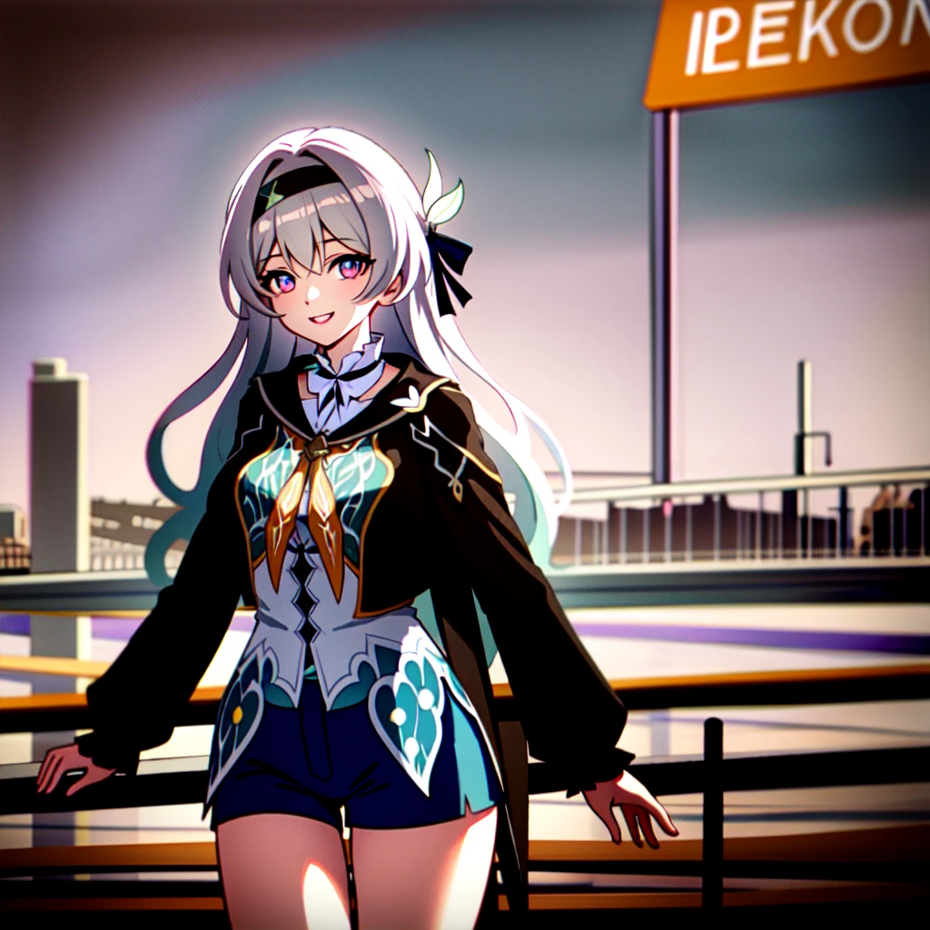Masterpiece, best quality, cowboy shoot, cyberpunk, outdoor, smile, look at viewer, ((long hair:1.3)), road
((Impossible clothes:1.4)), firefly \(Honkai: Star Rail\), multicolored eyes, white [gray or sliver] hair, black hairband, purple eyes, set, long sleeve, black jacket, blue thighs, black thighs,