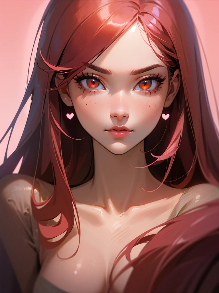 a 26 years old reddish pink haired woman, orange eyes with light pink highlights, heart shaped beauty mark on right cheek, long black hair, serious expression, detailed face, beautiful detailed eyes, beautiful detailed lips, extremely detailed eyes and face, long eyelashes, high quality, 8k, hyper realistic, detailed painting, digital art, vibrant colors, dramatic lighting, cinematic