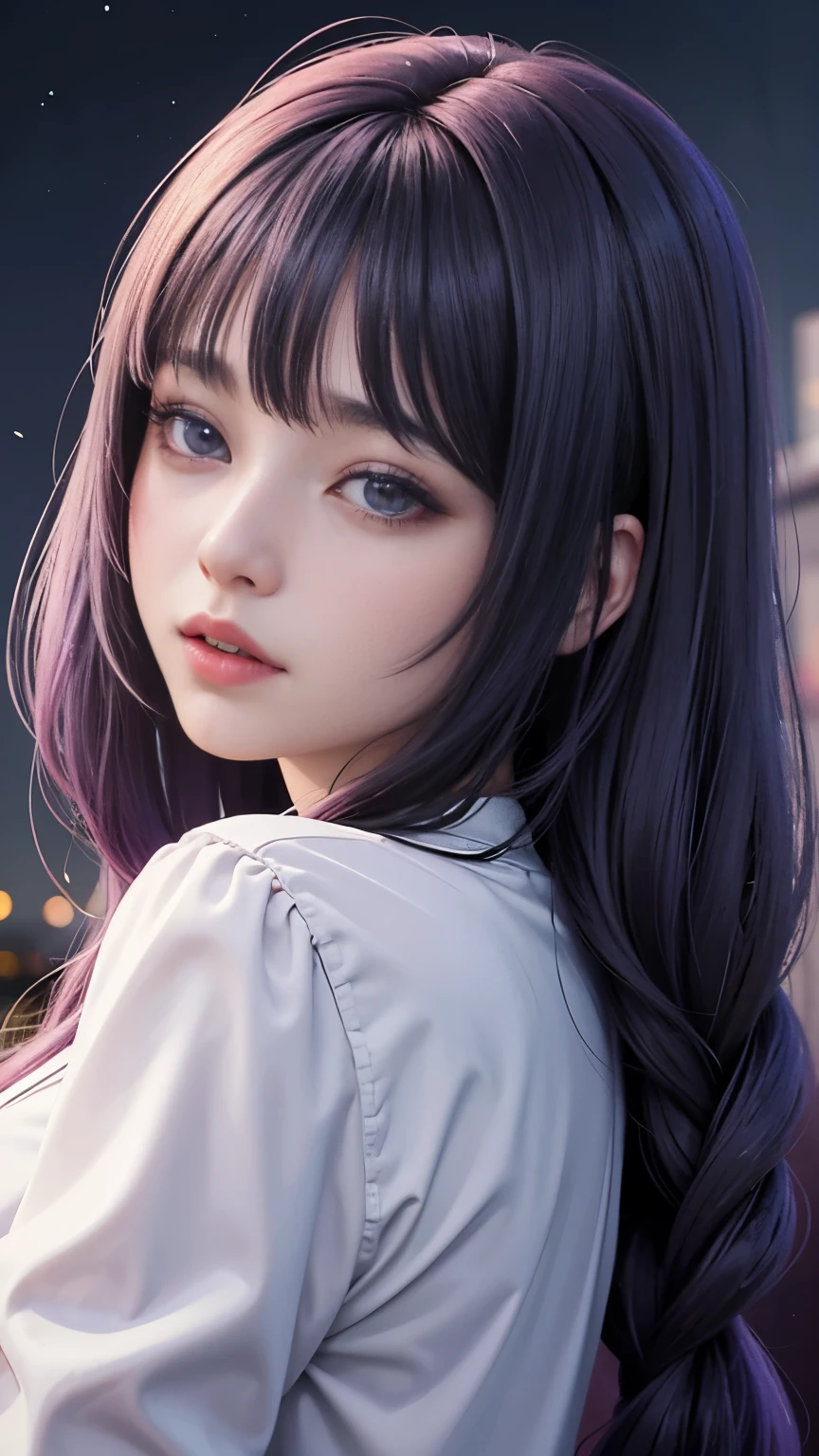 background（Black Night Sky，Big Moon），Woman close up，Wearing a white shirt、Purple Hair，Very long hair，very thick braids，Purple eyes，big ， realistic girl rendering, 8k artistic german bokeh, Enchanting girl, Realistic girl, Gurwitz, Gurwitz-style artwork, Girl Roleplay, Realistic 3D style, cgstation Popular Topics,, 8K Portrait Rendering,（Faithfulness，Faithfulness：1.4），Wear pink pajamas，巨big ，Sparkling eyes，Purple eyes