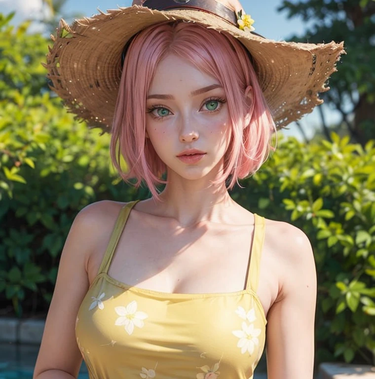 young woman, short shoulder-length pink hair, wide forehead, porcelain skin, pink eyebrows, big emerald green eyes, buttoned nose, full lips, heart-shaped face, slender body, small breasts, red tank top, Sakura Haruno , realistic, realism, details, 3d, well detailed
