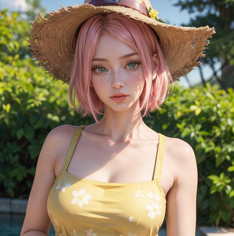 young woman, short shoulder-length pink hair, wide forehead, porcelain skin, pink eyebrows, big emerald green eyes, buttoned nose, full lips, heart-shaped face, slender body, small breasts, red tank top, Sakura Haruno , realistic, realism, details, 3d, well detailed