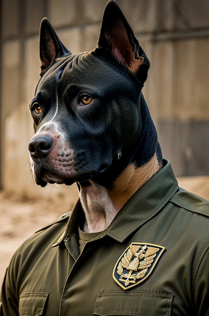 Humano con forma de perro Pitbull con uniforme militar con fondo de guerra y el logo " C D Y " al lado derecho.