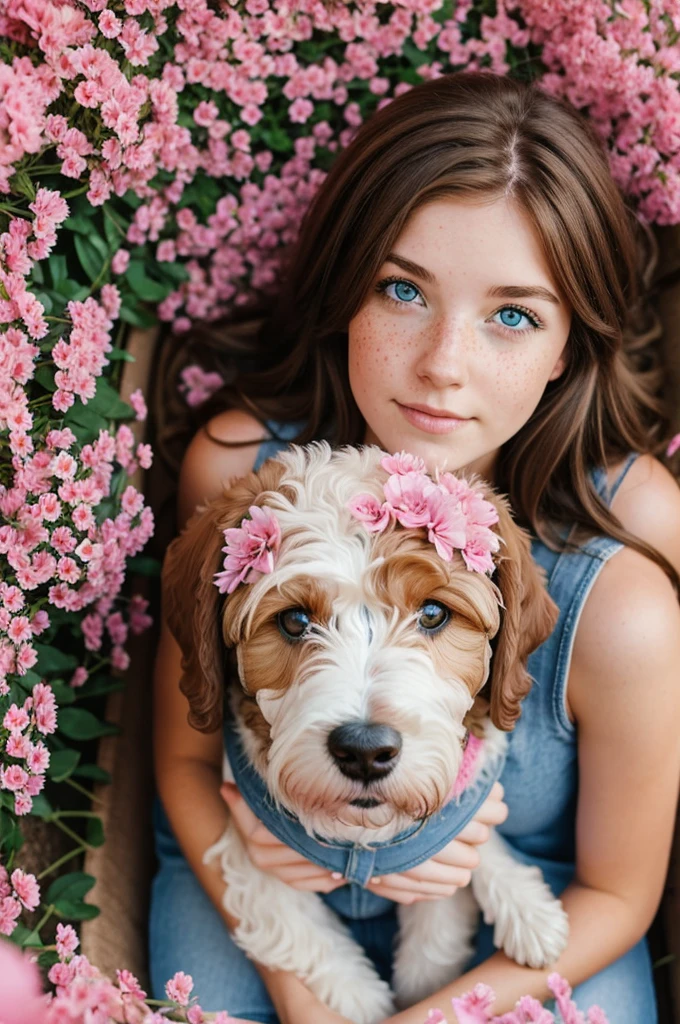 girl with brown hair blue eyes and freckles sitting in a bed of pink flowers with her berniedoodle